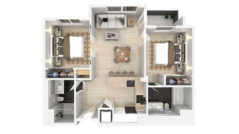 Floor plan for 2 beds, 2 baths, 869 sqft